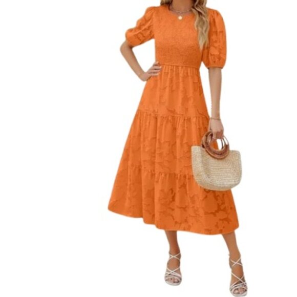 Zesica Womens Tiered Midi Swing Dress Orange Floral Smocked XL New - Picture 1 of 4
